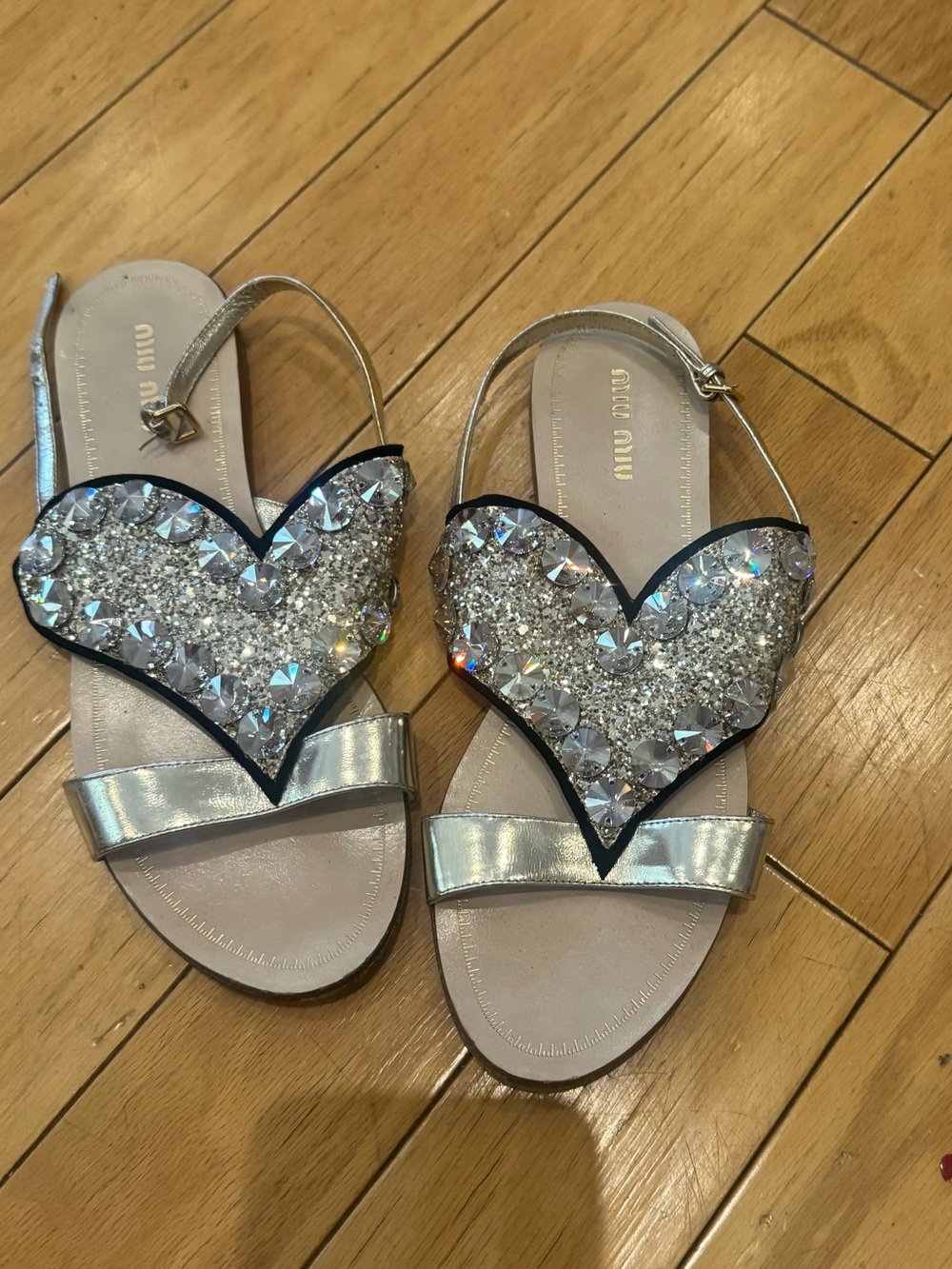 Miu Miu gold Crystal Heart Slingback Sandals